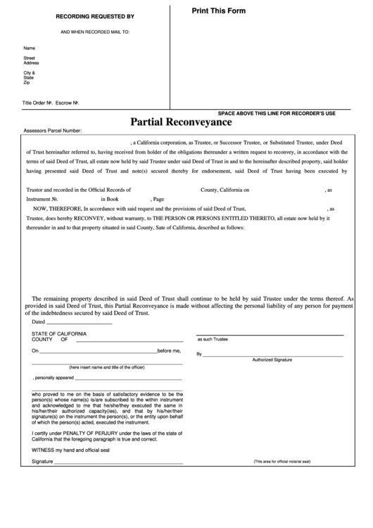 Fillable Partial Reconveyance Form - State Of California Printable pdf