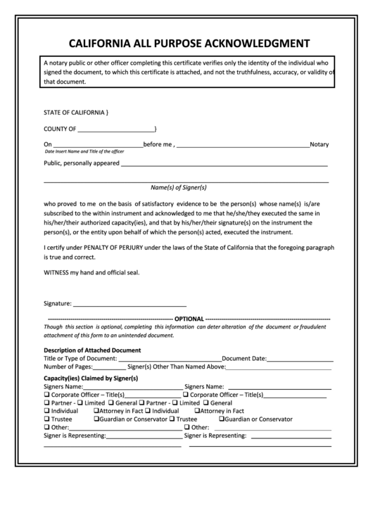 All Purpose Acknowledgment Form - State Of California Printable pdf
