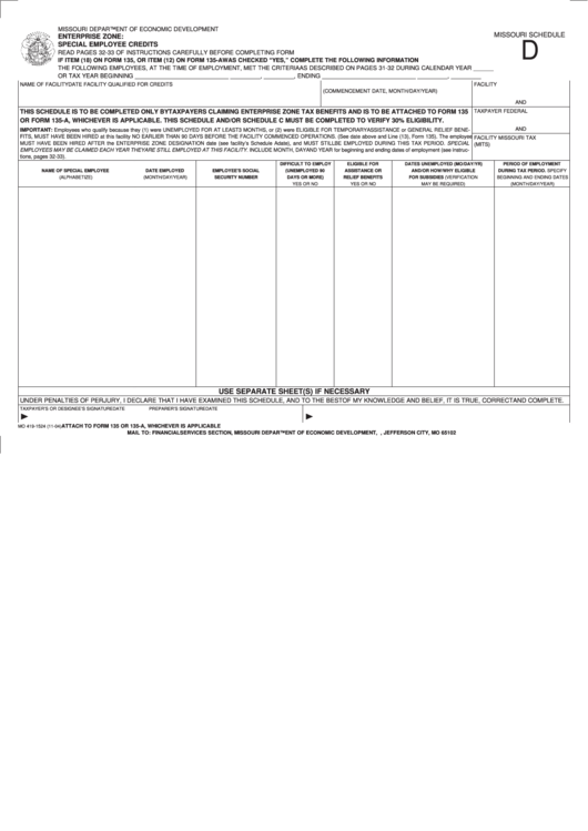 Form Mo 419-1524 - Missouri Schedule D - Enterprise Zone: Special Employee Credits Printable pdf