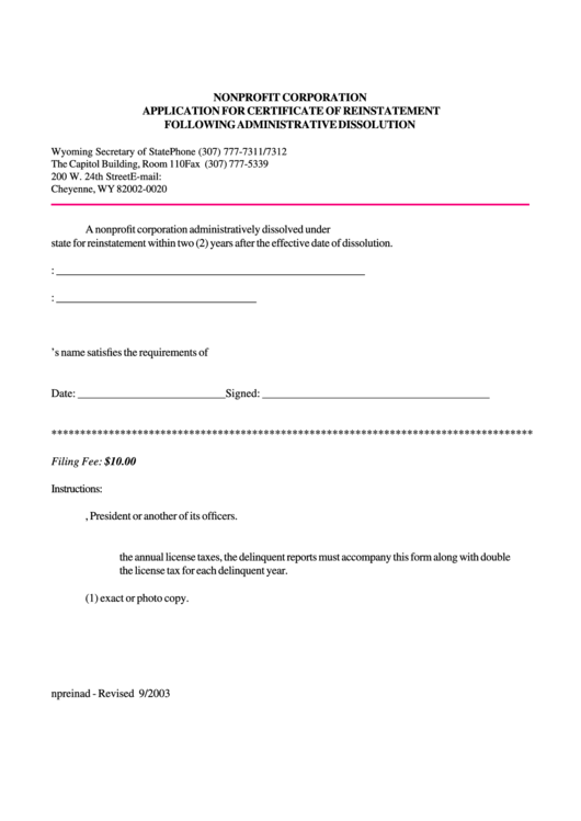 Fillable Nonprofit Corporation Application For Certificate Of Reinstatement Following Administrative Dissolution - Wyoming Secretary Of State Printable pdf