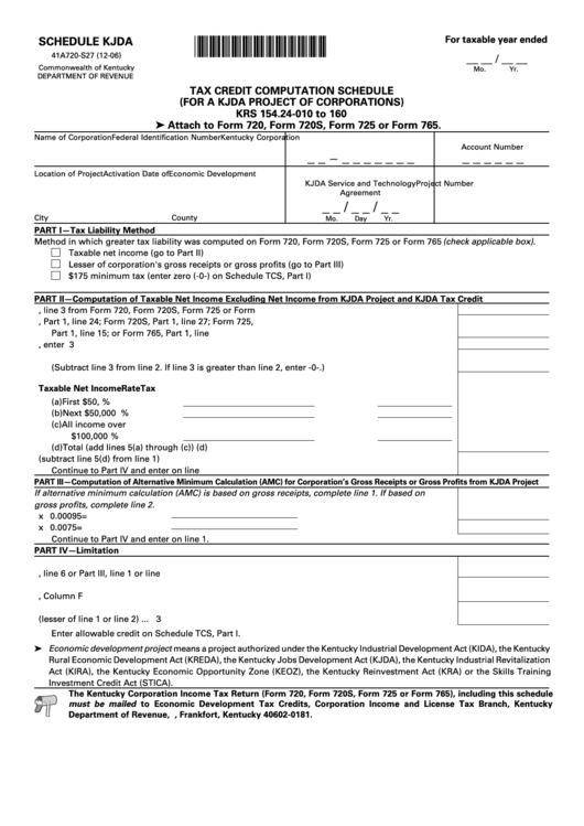 Form 41a720-S27 - Schedule Kjda - Tax Credit Computation Schedule Printable pdf