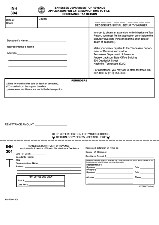 Form Inh 304 - Application For Extension Of Time To File Inheritance Tax Return Printable pdf