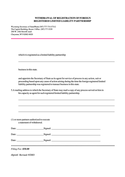 Fillable Withdrawal Of Registration Of Foreign Registered Limited Liability Partnership Form - Wyoming Secretary Of State Printable pdf