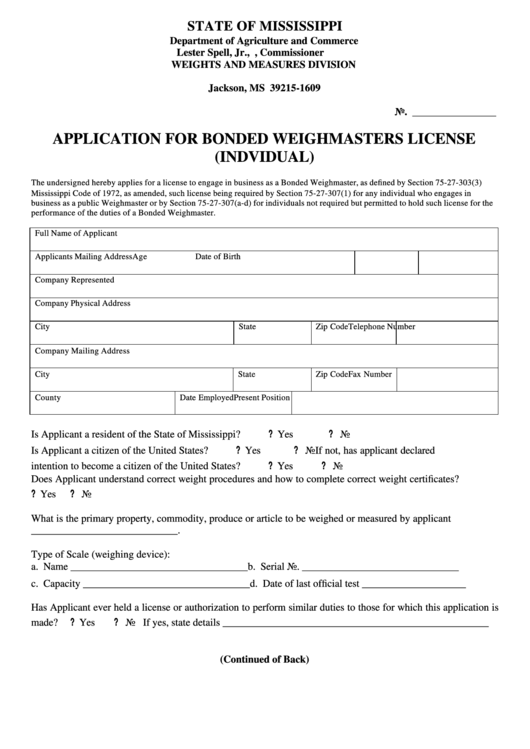 Fillable Application For Bonded Weighmasters License (Indvidual) Form - Mississippi Department Of Agriculture And Commerce Printable pdf