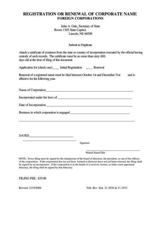 Registration Or Renewal Of Corporate Name Foreign Corporations - Nebraska Secretary Of State Printable pdf
