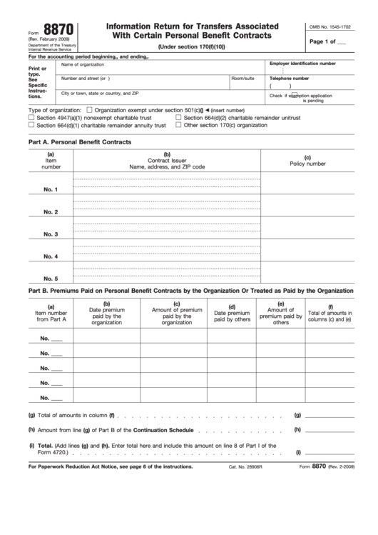 Fillable Form 8870 - Information Return For Transfers Associated With Certain Personal Benefit Contracts - 2009 Printable pdf