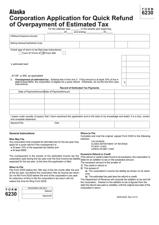 Form 6230 - Alaska Corporation Application For Quick Refund Of Overpayment Of Estimated Tax Printable pdf
