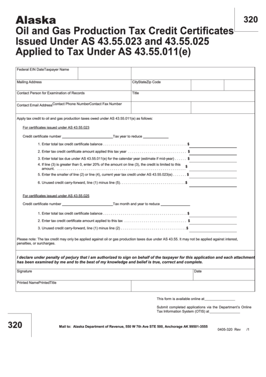 Fillable Form 320 - Alaska Oil And Gas Tax Credit Certificates Applied To Oil And Gas Production Tax Under As 43.55 Printable pdf