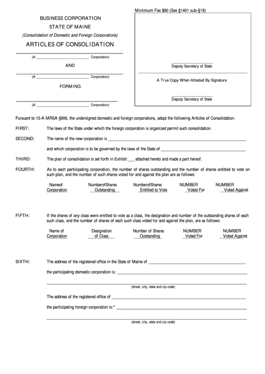 Form No. Mbca-10e Articles Of Consolidation Printable pdf