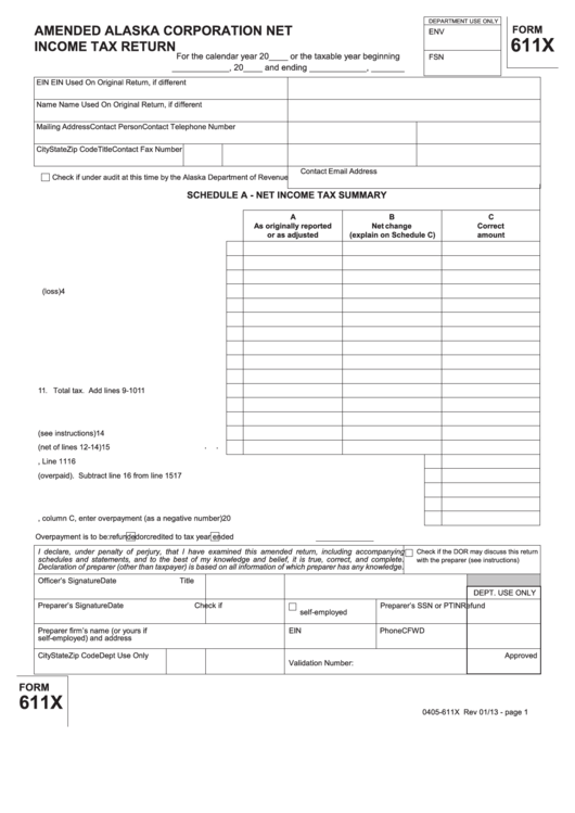 Form 611x - Amended Alaska Corporation Net Income Tax Return Printable pdf