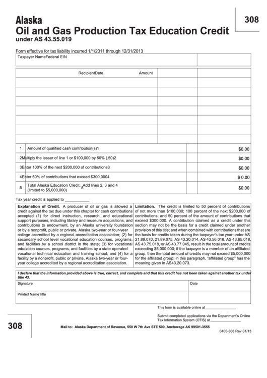 Fillable Form 308 - Oil And Gas Production Tax Education Credit - 2013 Printable pdf