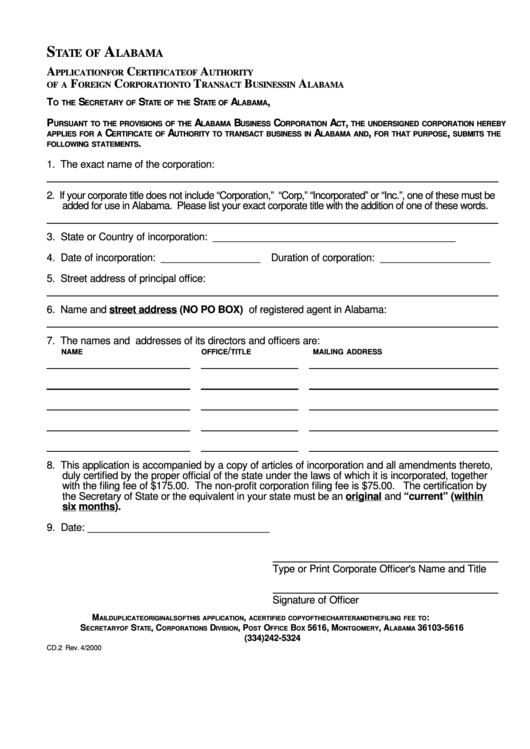 Form Cd.2 - Application For Certificate Of Authority Of A Foreign Corporation To Transact Business In Alabama Printable pdf