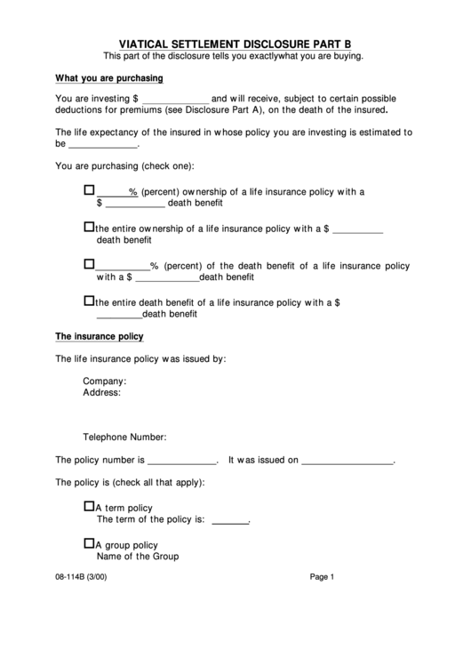Form 08-114b Viatical Settlement Disclosure Part B Printable pdf