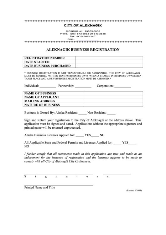Aleknagik Business Registration Form Printable pdf