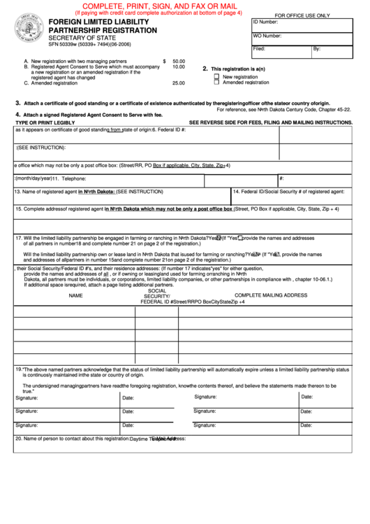 Fillable Form Sfn 50339w - Foreign Limited Liability Partnership Registration Printable pdf