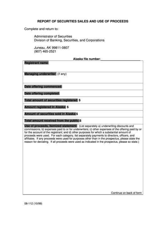 Fillable Form 08-112 Report Of Securities Sales And Use Of Proceeds - Administrator Of Securities Division Of Banking, Securities, And Corporations Printable pdf