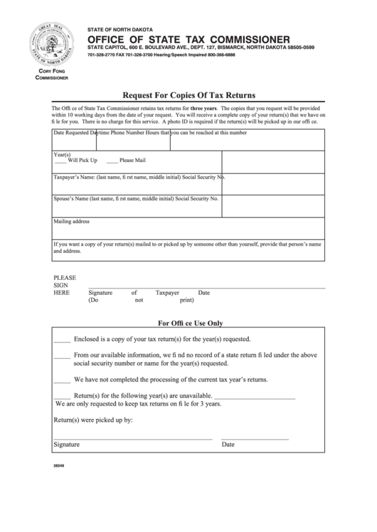 Fillable Form 28249 Request For Copies Of Tax Returns - Office Of State Tax Commissioner Printable pdf