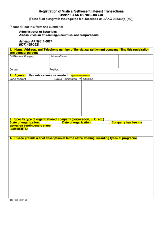 Fillable Form 08-102 - Registration Of Viatical Settlement Interest Transactions Under 3 Aac 08.700 - 08.740 Printable pdf