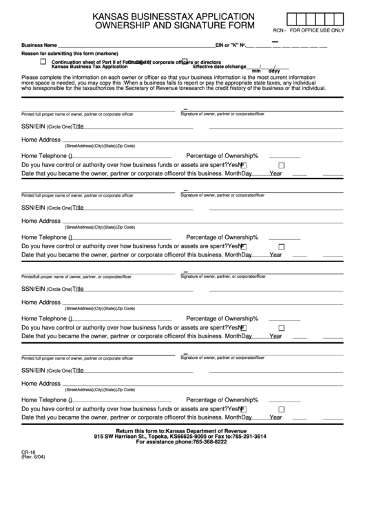Form Cr-18 - Kansas Business Tax Application Ownership And Signature Form Printable pdf