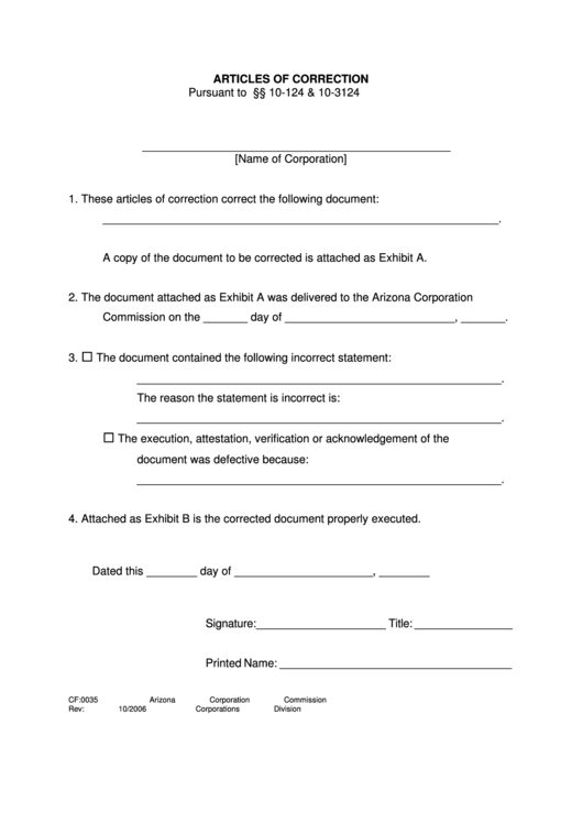 Articles Of Correction Pursuant To A.r.s. 10-124 / 10-3124 Form - Arizona Corporation Commission Printable pdf
