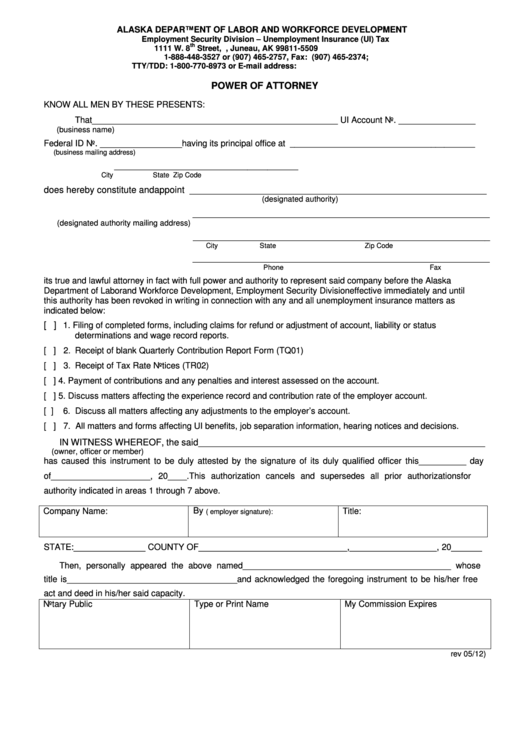 Power Of Attorney Form - Alaska Department Of Labor And Workforce Development
