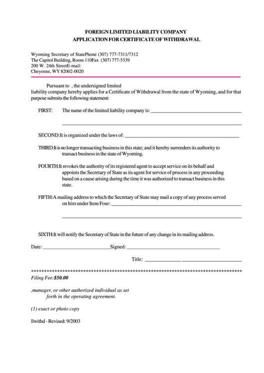 Fillable Foreign Limited Liability Company Application For Certificate Of Withdrawal Form Printable pdf