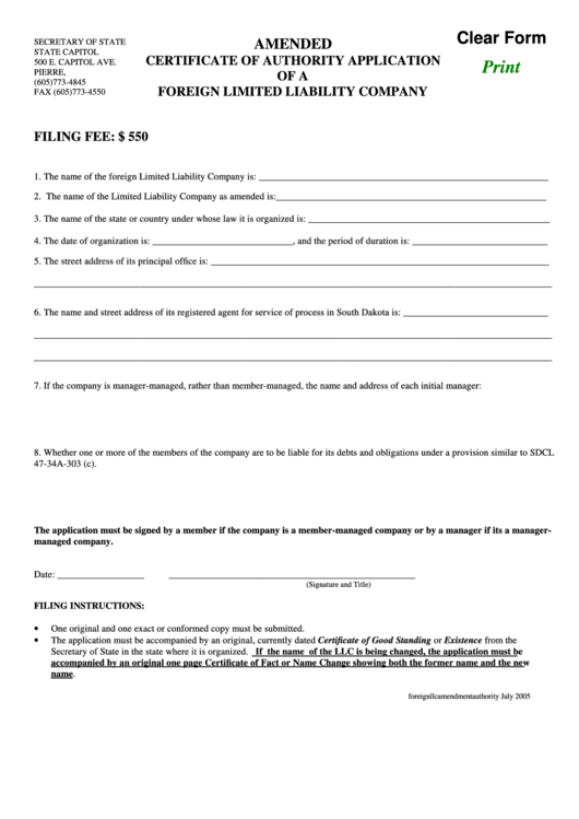 Fillable Amended Certificate Of Authority Application Of A Foreign Limited Liability Company Form Printable pdf