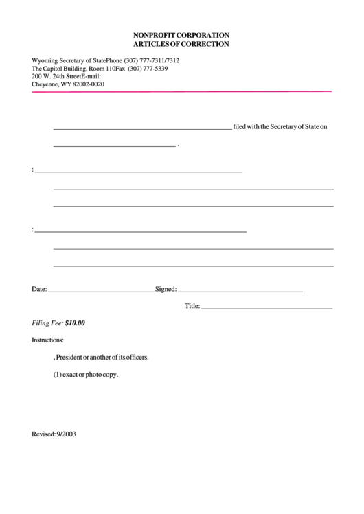 Fillable Nonprofit Corporation Articles Of Correction Form - Wyoming Secretary Of State Printable pdf