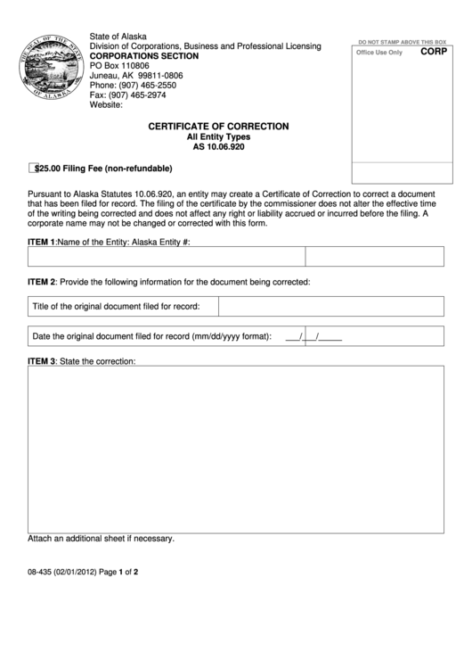 Fillable Form 08-435 - Certificate Of Correction All Entity Types As 10.06.920 Printable pdf