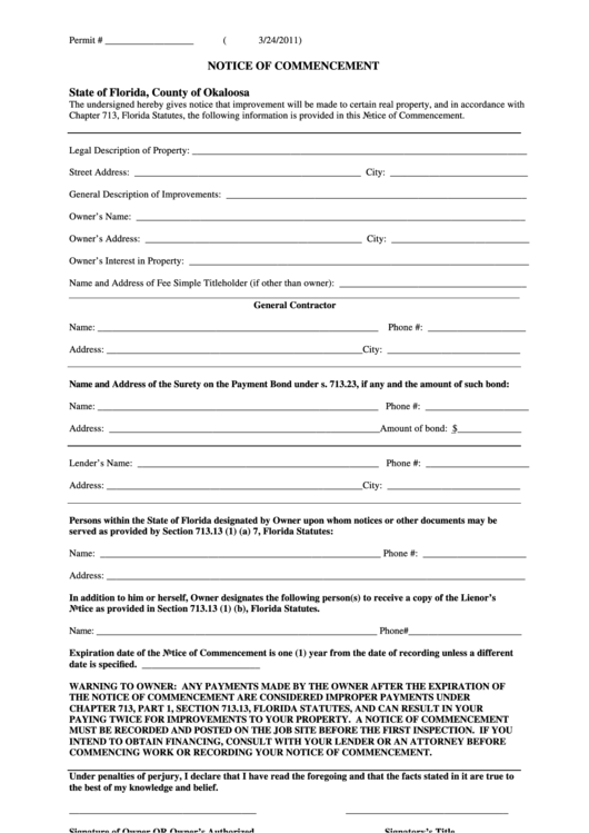 Notice Of Commencement Form - State Of Florida, County Of Okaloosa Printable pdf