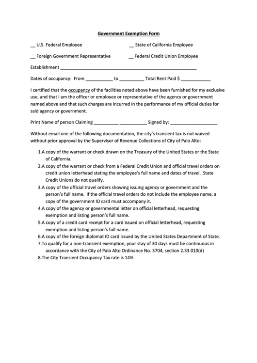 Government Exemption Form - Supervisor Of Revenue Collections Of City Of Palo Alto Printable pdf