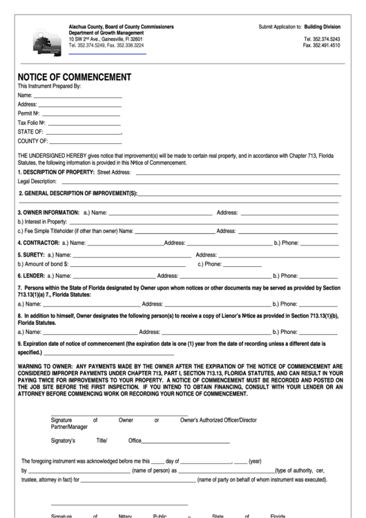 Fillable Notice Of Commencement Form - Alachua County, Board Of County Commissioners, Department Of Growth Management, State Of Florida Printable pdf