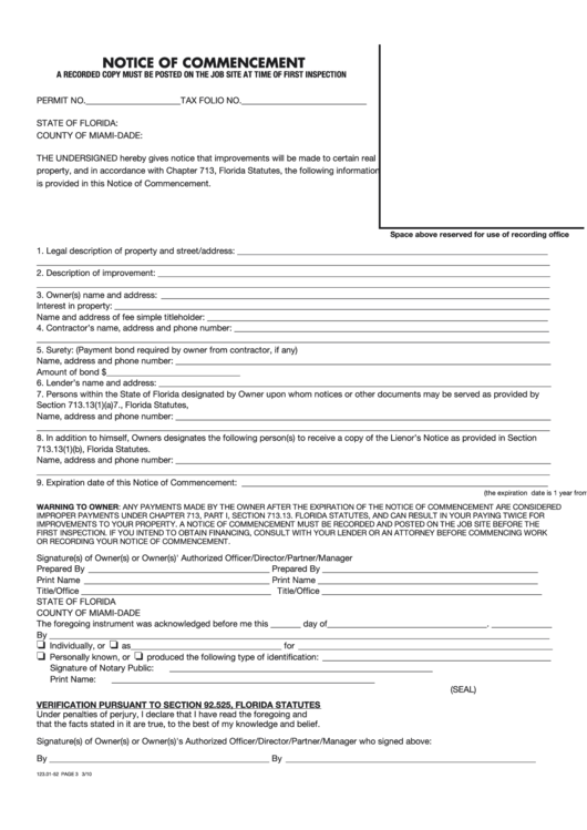 Notice Of Commencement Form - State Of Florida, County Of Miami-Dade Printable pdf