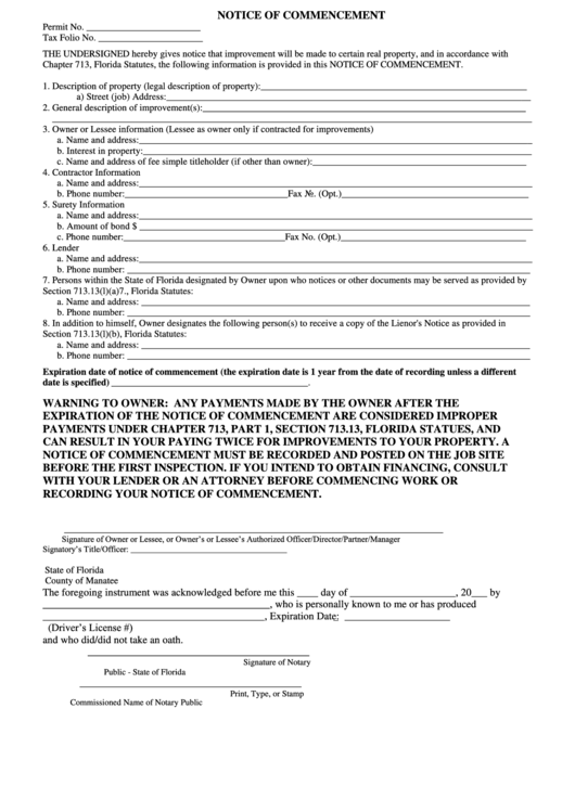Notice Of Commencement Form - State Of Florida County Of Manatee Printable pdf