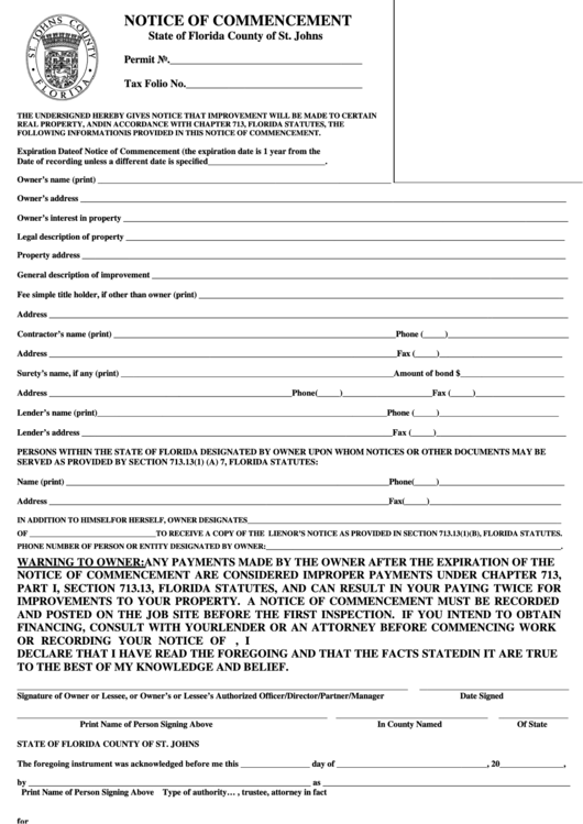 Notice Of Commencement Form - State Of Florida, County Of St. Johns