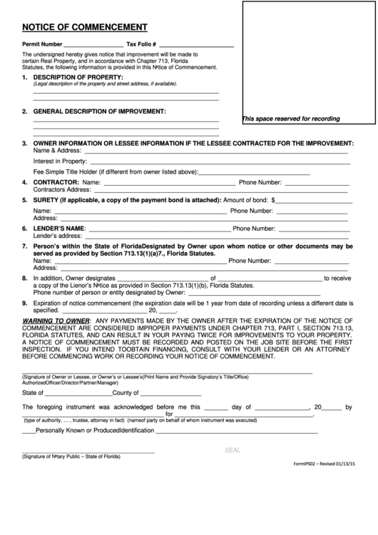 Fillable Notice Of Commencement Form State Of Florida Sarasota 