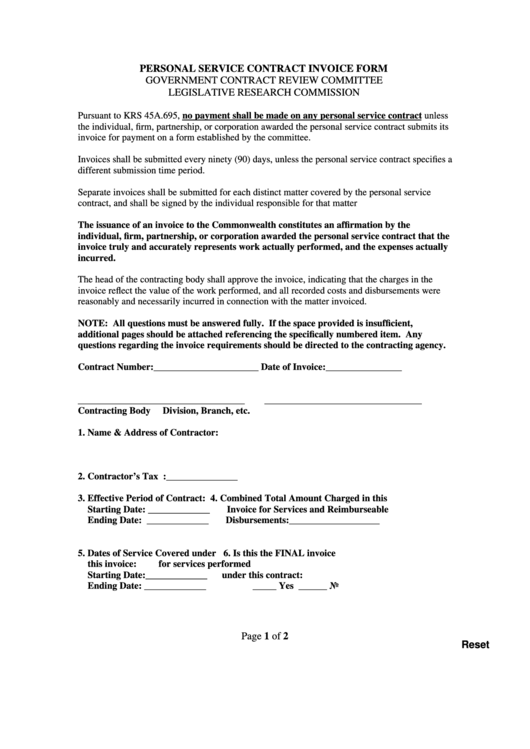 Fillable Personal Service Contract Invoice Form Printable pdf