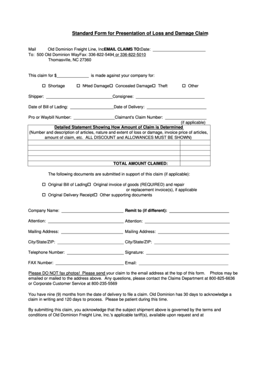 Fillable Odfl Dastandard Form For Presentation Of Loss And Damage Claim Form Printable pdf