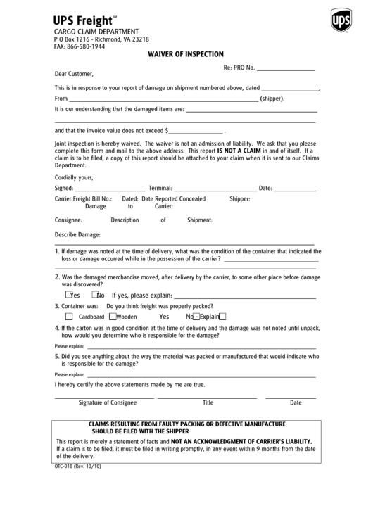 Waiver Of Inspection Form - Ups Freight Printable pdf