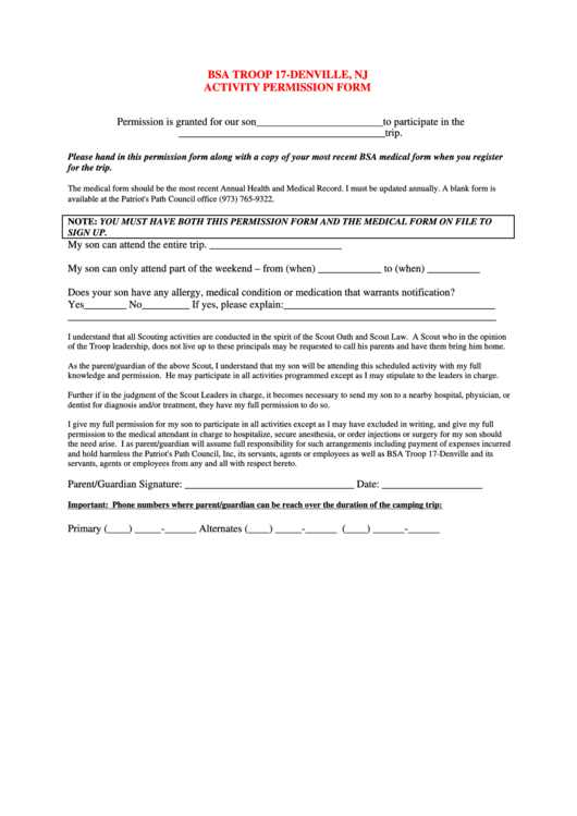 Bsa Troop 17-Denville, Nj Activity Permission Form Printable pdf