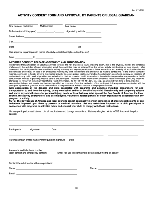 Fillable Activity Consent Form And Approval By Parents Or Legal Guardian Printable pdf