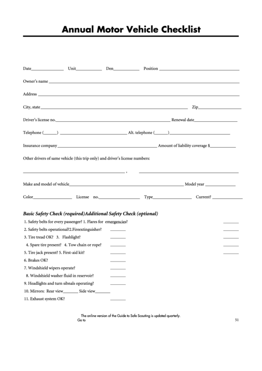 Annual Motor Vehicle Checklist Form Printable pdf