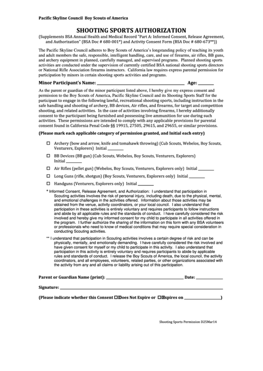 Shooting Sports Authorization Form Printable pdf