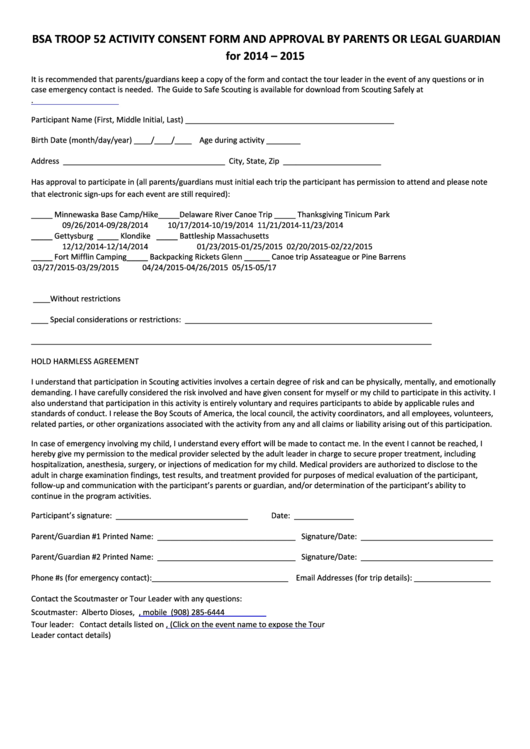 Bsa Troop 52 Activity Consent Form And Approval By Parents Or Legal Guardian For 2014 - 2015 Printable pdf