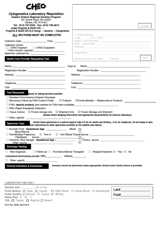 Form 2236 - Cytogenetics Laboratory Requisition Form Printable pdf