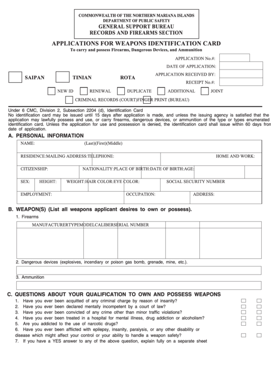 Fillable Applications Form For Weapons Identification Card - Commonwealth Of The Northern Mariana Islands, Department Of Public Safety Printable pdf