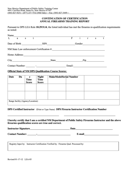 Fillable Continuation Of Certification Annual Firearms Training Report Form - New Mexico Department Of Public Safety Training Center Printable pdf