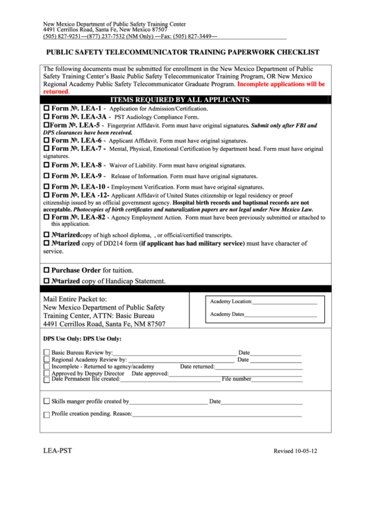 Fillable Form Lea-Pst - Safety Telecommunicator Training Paperwork Checklist Form - New Mexico Department Of Public Safety Training Center Printable pdf