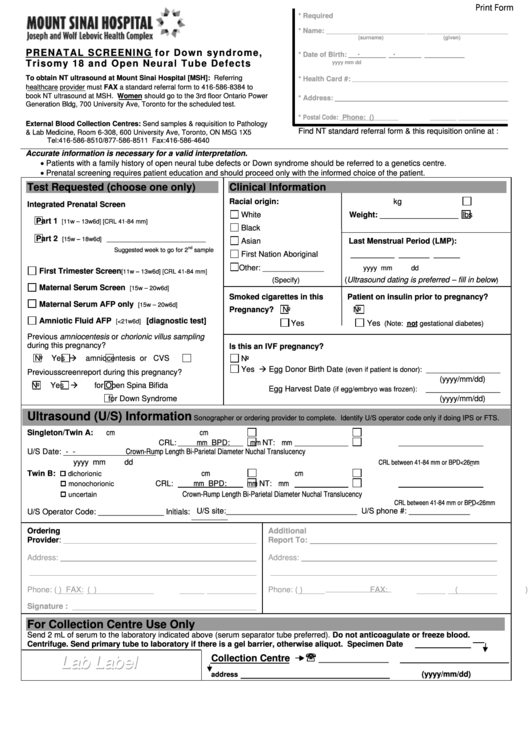 Fillable Prenatal Screening For Down Syndrome, Trisomy 18 And Open Neural Tube Defects Form Printable pdf