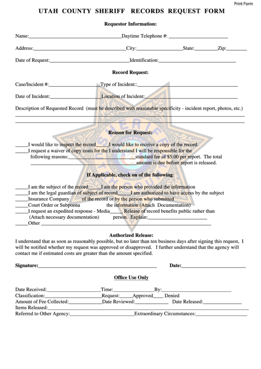 Fillable Utah County Sheriff Records Request Form Printable pdf